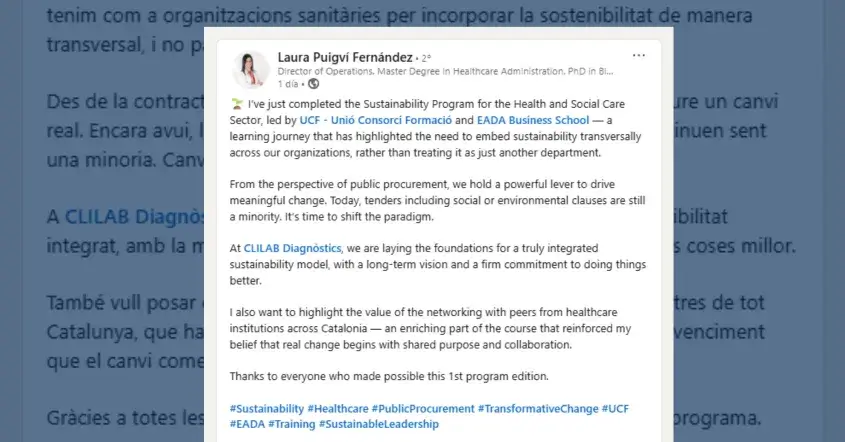 Ressenya del programa de Sostenibilitat d'UCF i EADA a Linkedin